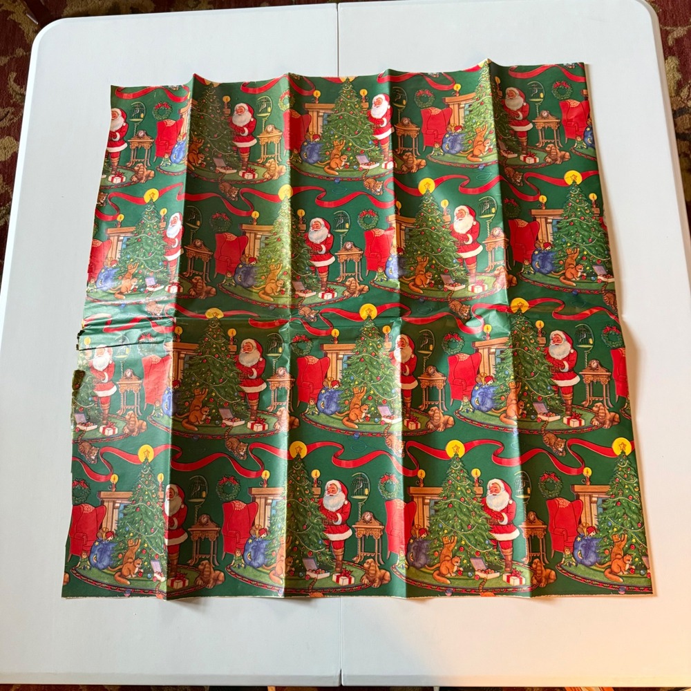 Vintage Christmas Wrapping Paper Santa Claus Cats Dogs Green Holiday Sheet 20x26